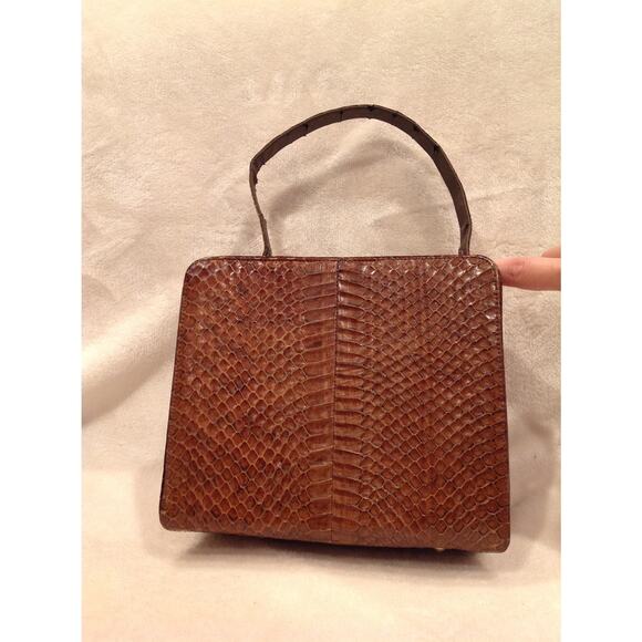 Vintage Brown Snake Print Handbag with Gold Accents Square Top Handle Purse - Picture 2 of 14